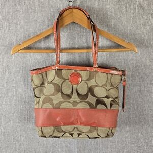 Coach Signature Sing Stripe Tote/Shoulder Bag Tan/orange(coral)